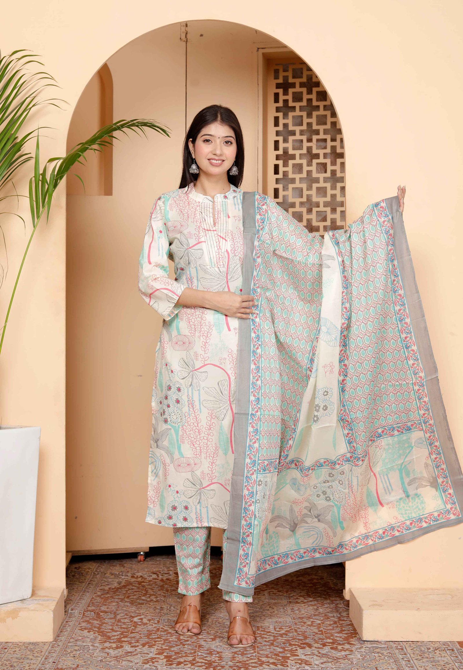 A  pastel Botanical Printed pink  cotton suit set 